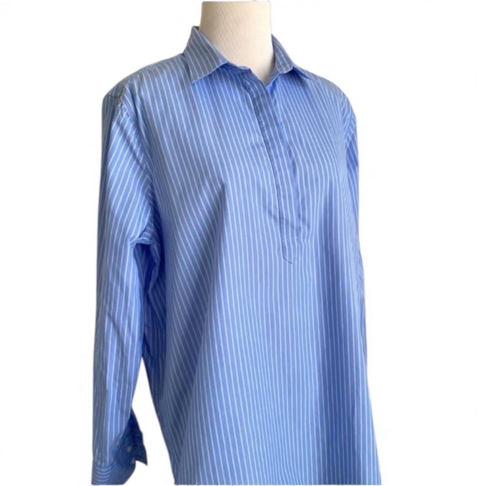 LANDS END Blouse Shirt Top 14P Tunic Popover Blue Stripe Preppy Old Money